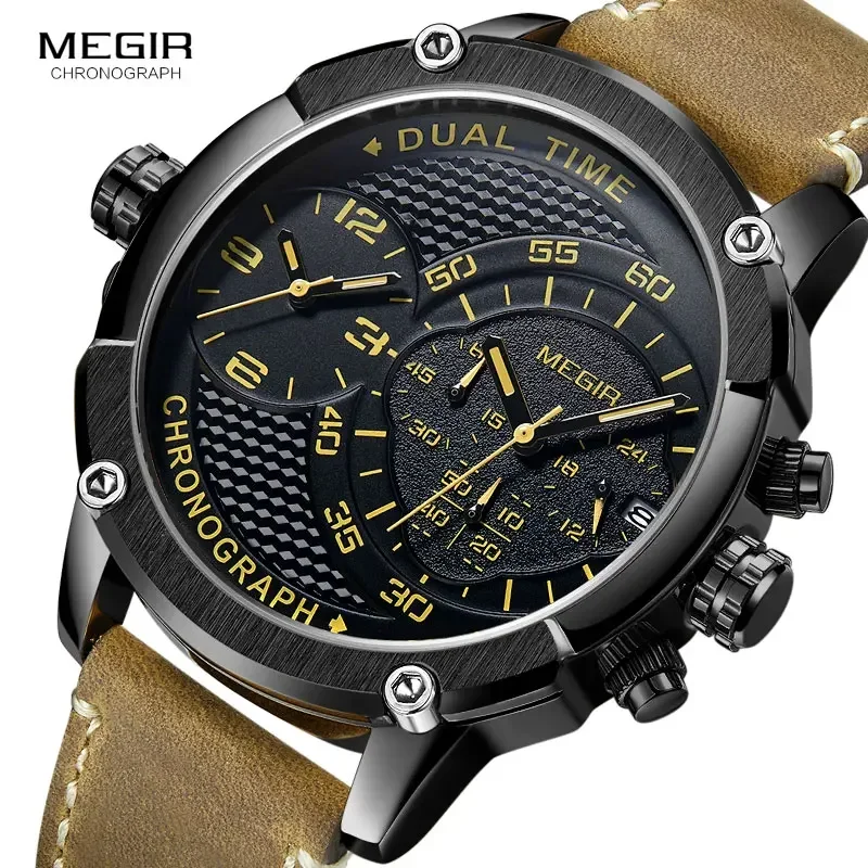 MEGIR Heren Dubbele Tijdzone Chronograaf Quartz Horloges Waterdicht Lichtgevende Lederen Band Leger Sport Horloge voor Man 2093G-BK