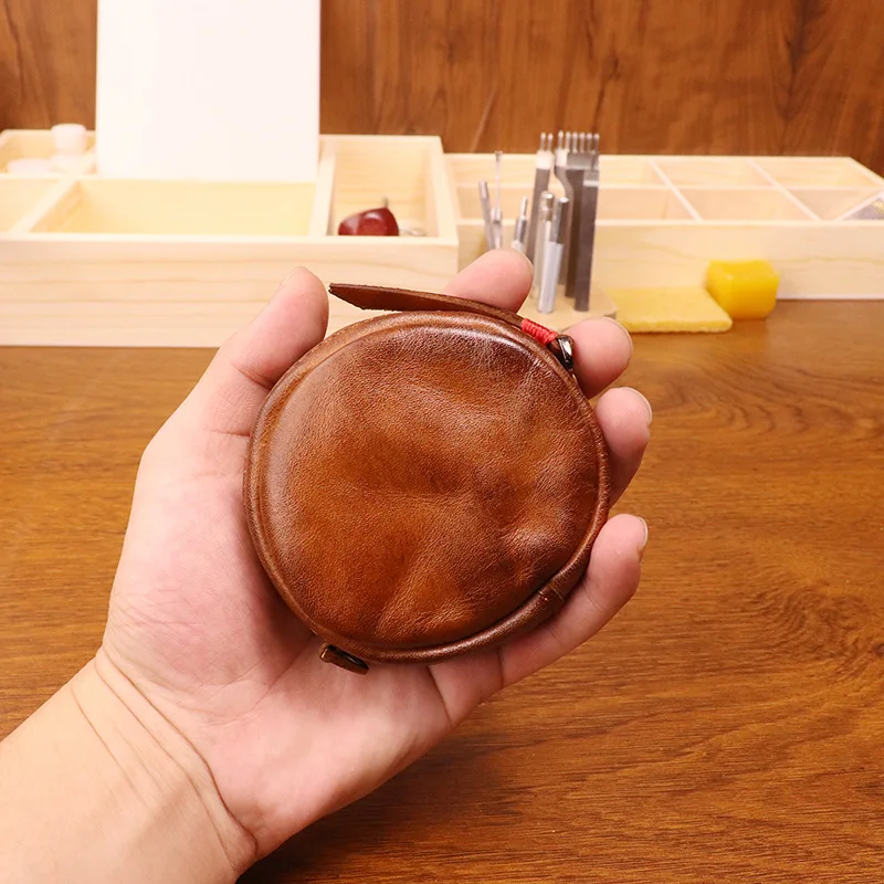 

New Vegetable Tanning Leather Coin Purse Retro Hand-Rub Color Distressed round Personality Coin Bag Earphone Bag Women's Small