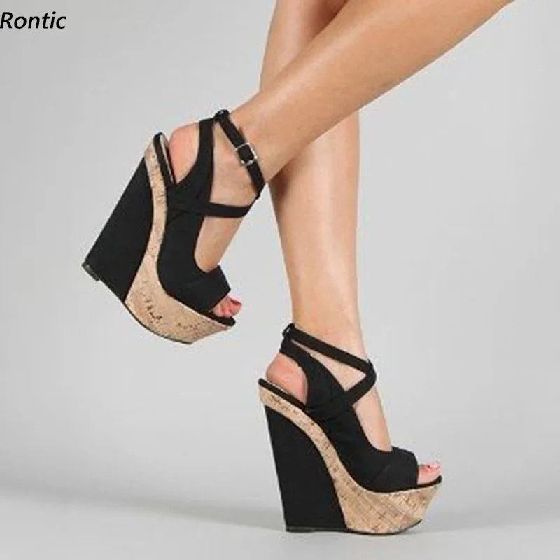 Rontic Women Summer Platform Sandals Ankle Strap Wedges High Heels Round Toe Elegant Black Casual Shoes Ladies US Plus Size 4-20