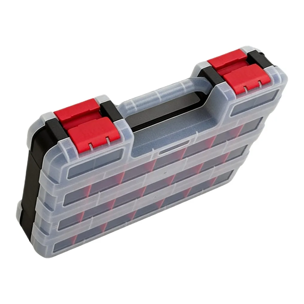 Double-Sided Transparent Storage Case with Removable Dividers and Four-Point Latch System for Reliable Part Containment