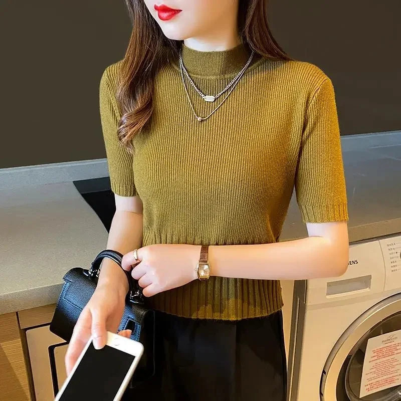 2024 Basic Turtleneck Solid Thin Summer Pullover Women Female Knitted Ribbed Sweater Slim Short Sleeve Bodycon Sweater