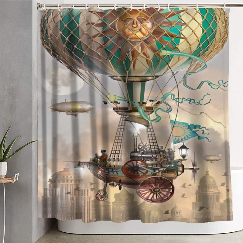 The Basset Maiden Sailing Hot Air Balloons Art Steampunk Airship Waterproof Polyester Shower Curtains By Ho Me Lili