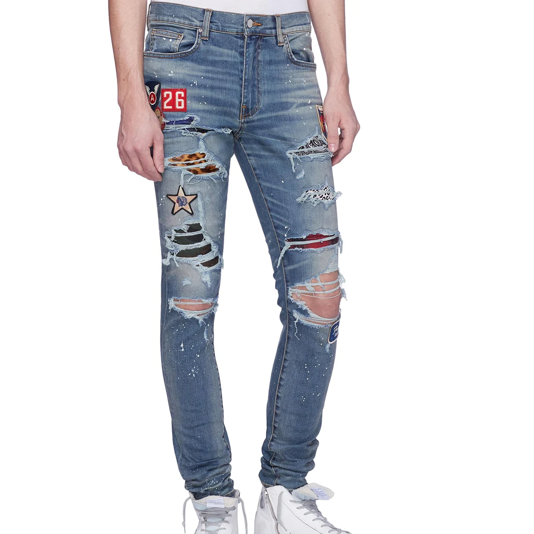 

Men's Ripped Jeans Embroidery Badge Star Leopard Patchwork Distressed Destroyed Stretch Skinny Jeans