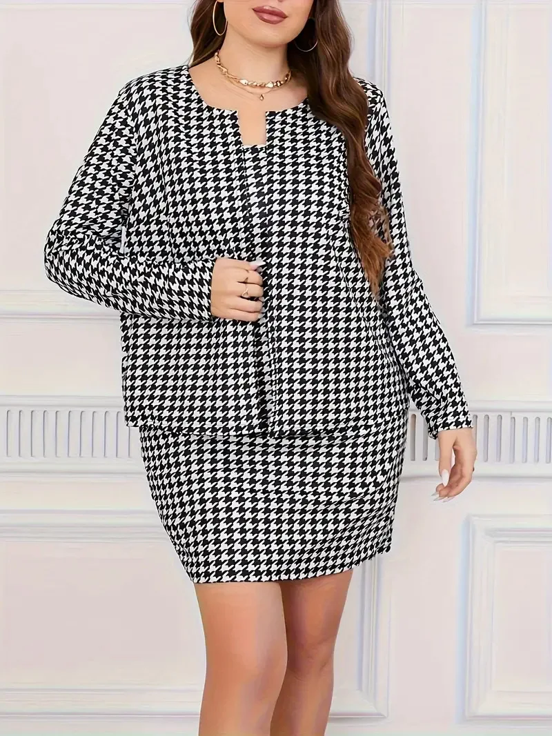 GIBSIE Plus Size Houndstooth Print Two Piece Set Women Autumn Long Sleeve Open Front Coat And Cami Dress Suits bez paska