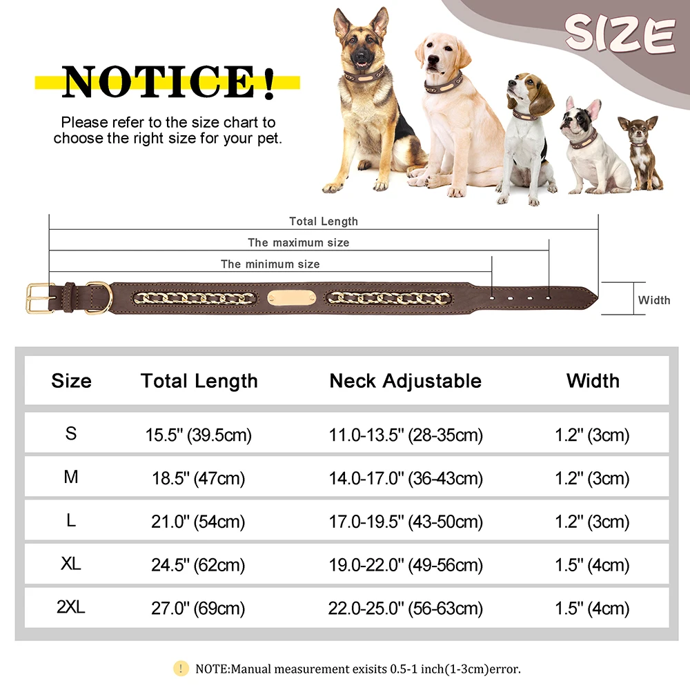 Personalisiertes Hundehalsband aus strapazierfähigem Leder für Hunde mit Anti-Verlust-Namensschild, Kettenzubehör für kleine, mittelgroße und große Hunde – Detail 4