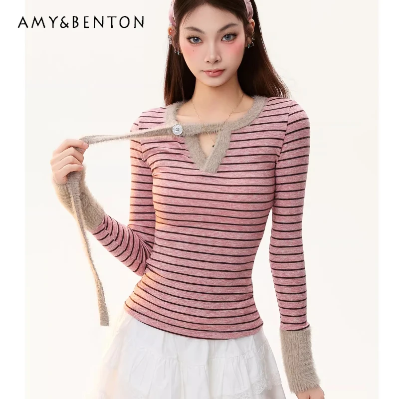 

Vintage Design Hot Girl V-Neck Furry Ribbon Splicing Women's Bottoming Shirt Autumn Winter New Versatile Striped T-Shirt Ladies