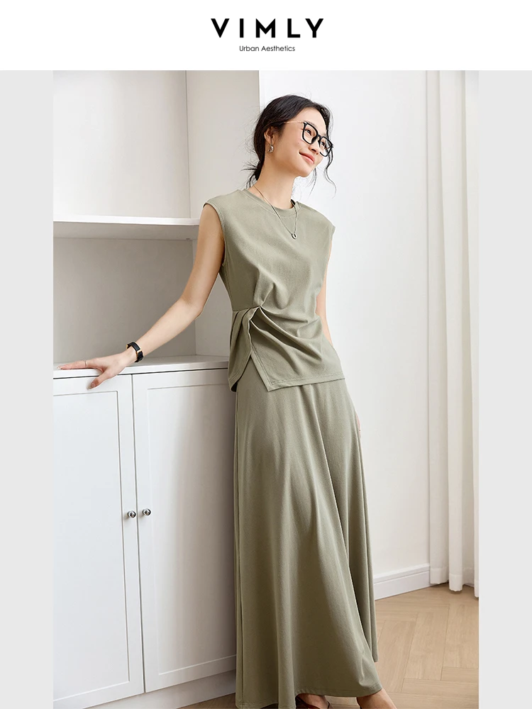 

VIMLY Women's Skirt Suit 2 Piece Coord Sets Woman Summer Outfit 2025 Ladies Casual Fashion Round Neck Tee Top + Long Skirt M9760