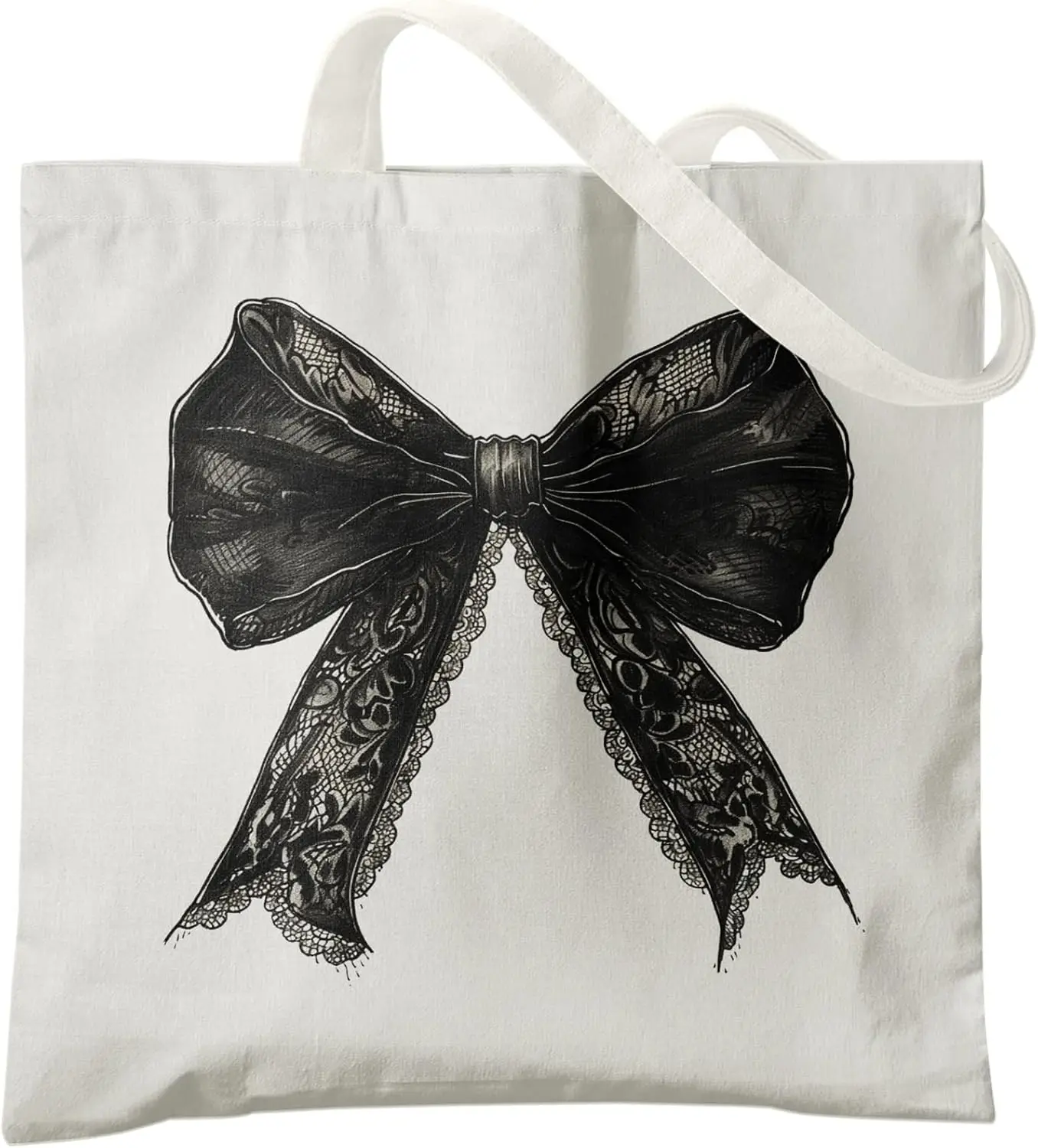 

Unique Elegant Minimalist White Canvas Shoulder Bag Black Lace Bow Design Handbag, Commuting Daily Leisure Shopping Bag