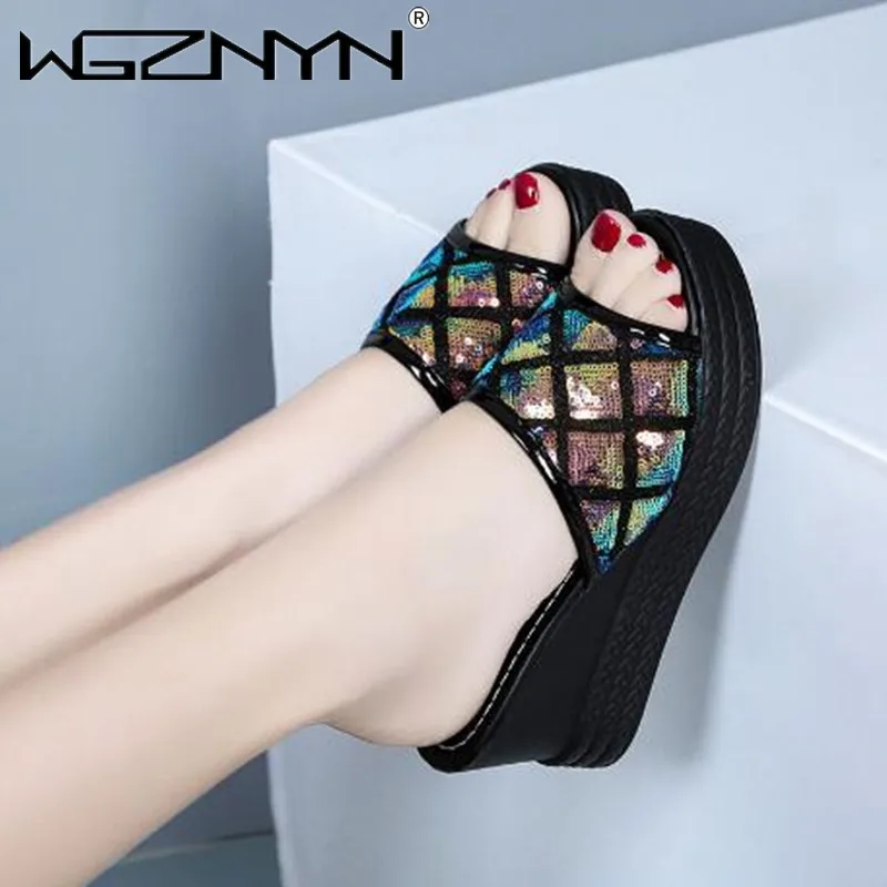 NEW Summer Women Sequined Cloth Slippers Bling Wedges Platform Beach Casual Slides Woman Shoes Ladies Slippers Footwear 2023