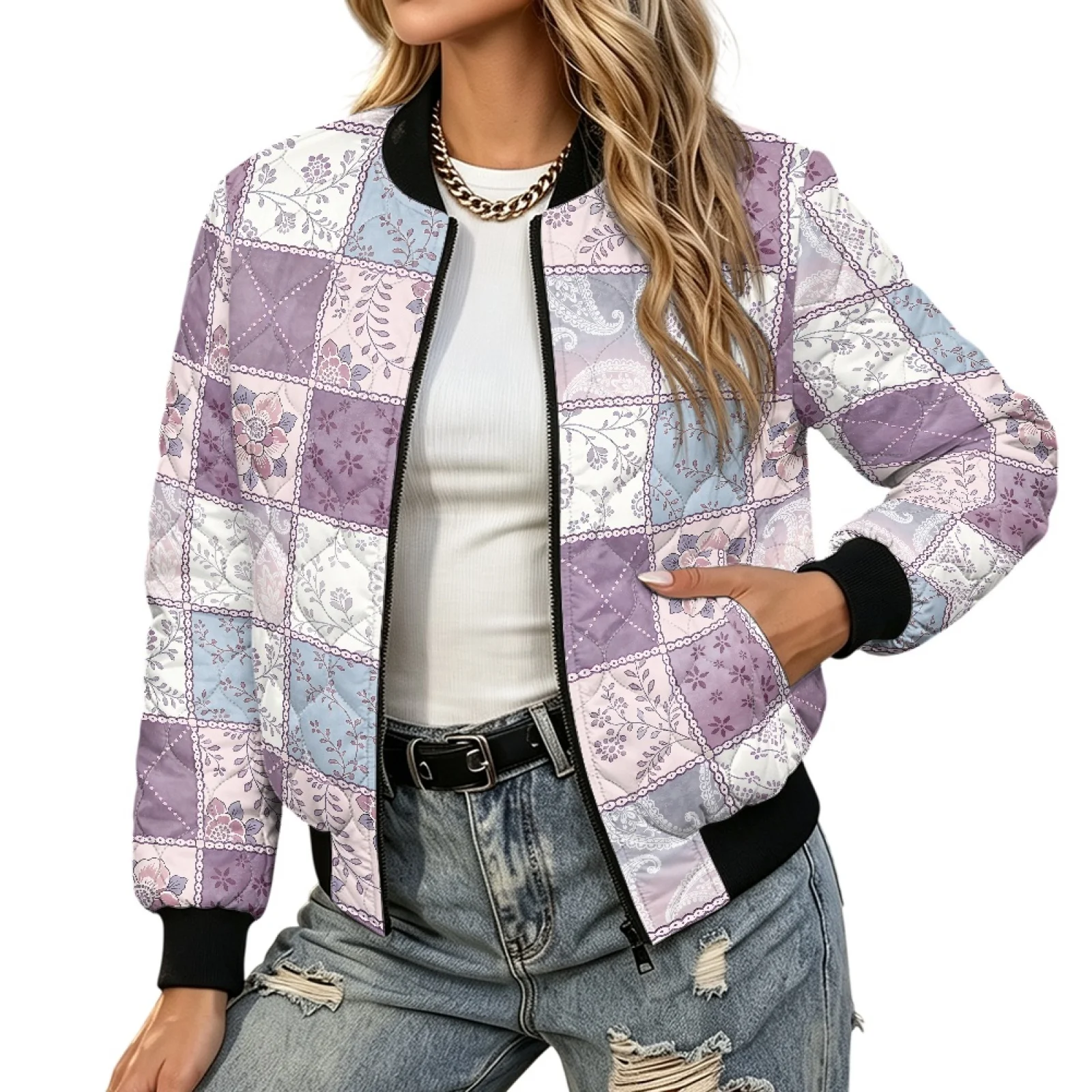 PENSTROLL Ladies Quilted Long Sleeve Zip Jacket with Hand Pockets Water Resistant Padded Coats for Work and Commuting