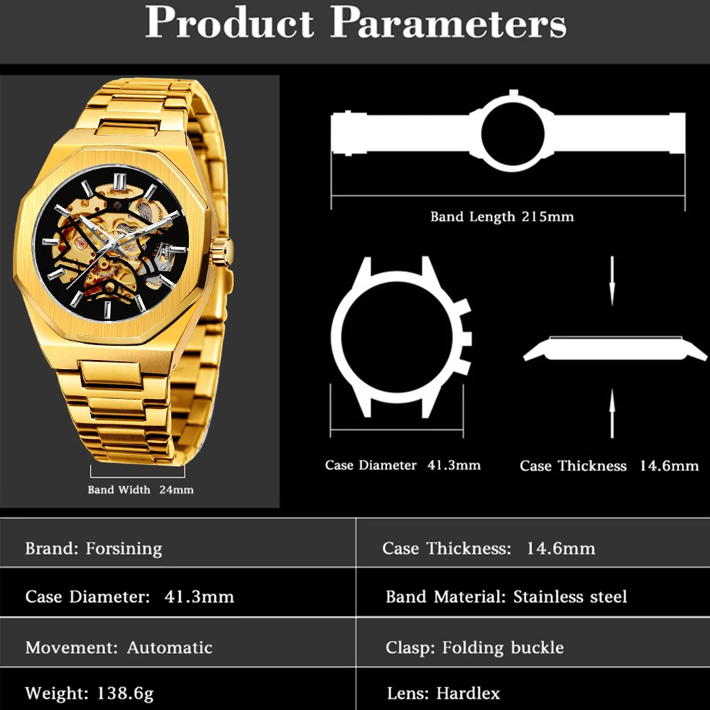 FORSINING Trendy Mens Watches Skeleton Polygon Automatic Mechanical Watch Luminous Pointer Casual Man Formal Business Wristwatch