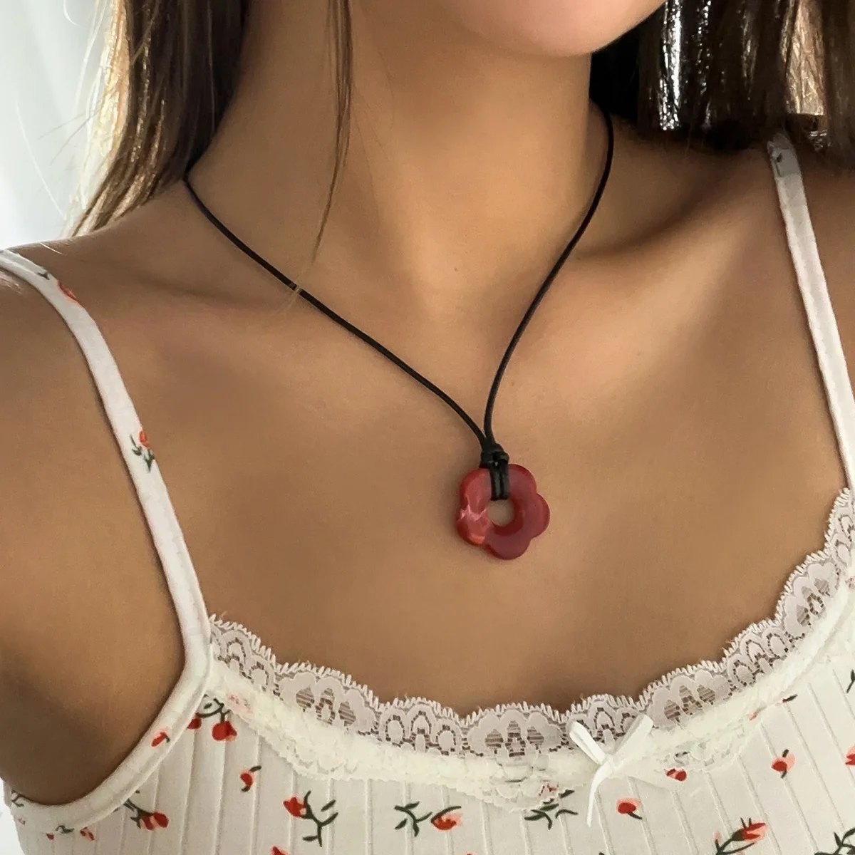 Romantic Lucky flower neckalce bohemia colorful blue red pink marbling flower pendant  with wax cord chain choker