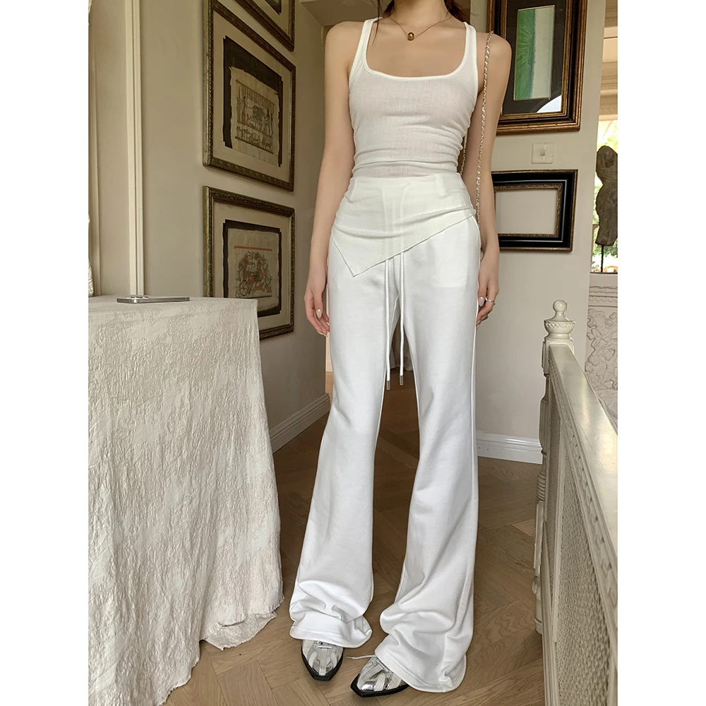 กางเกงขายาวผู้หญิงเอวสูงสีพื้นเรียบง่ายสไตล์ลำลองแฟชั่นฤดูใบไม้ร่วง