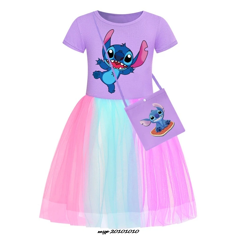 Abbigliamento per bambini Ragazze vestono Lilo e Stitch Summer Lace Cartoon Foreign Tide Borsa per abito a pieghe bella principessa per bambini