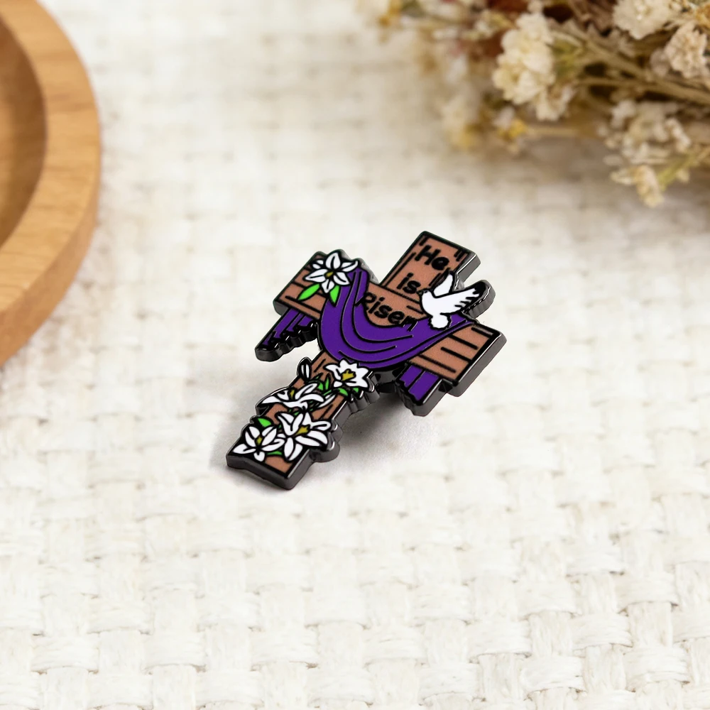 He Is Risen Brooch Christian Easter Cross Badge Purple Cloth Lily White Dove Enamel Pin Religious Themes Believer Bag Decoration