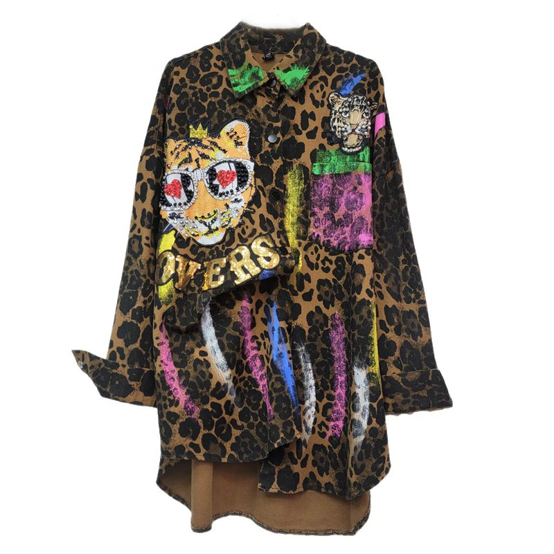 WTHT Fashion Trendy Women Leopard Nail Beading Irregular Graffiti Design Shirt 2025 Summer New Long Sleeve Blouse Female 1LS2180
