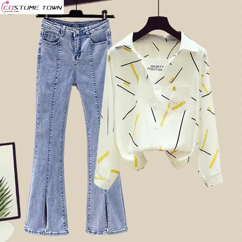 

Spring/Summer Women's Set 2024 New Korean Edition Fake Two piece Shirt+Cowboy Bell Pants Two piece Set Fashion