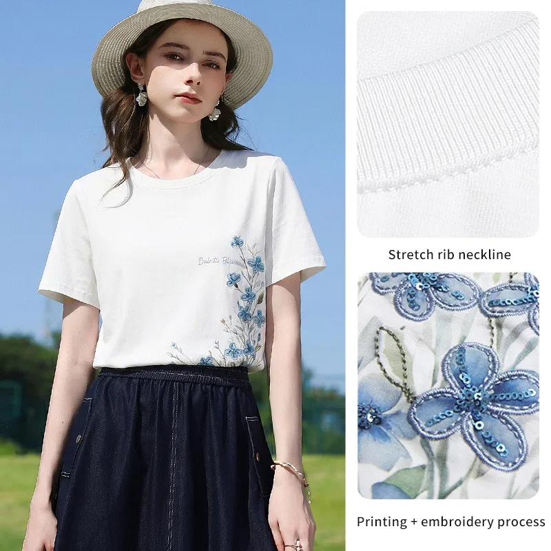 I BELIEVE YOU White Short Sleeve Round Neck T-Shirt 2026 Summer New Flower Printed Embroidered Casual Top For Women 2262016278