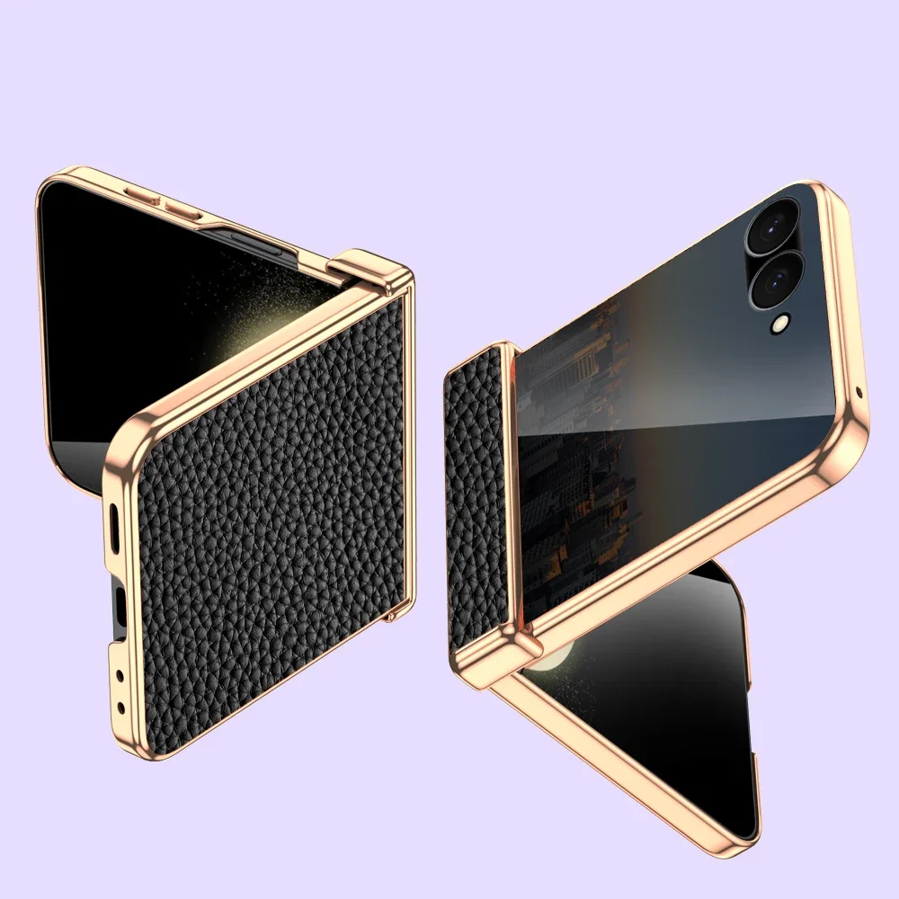 

Чехол для телефона из воловьей кожи для Samsung Galaxy Z Flip7 Flip6 Flip 7 FE 6 5, роскошный защитный чехол на петлях с закаленным стеклом