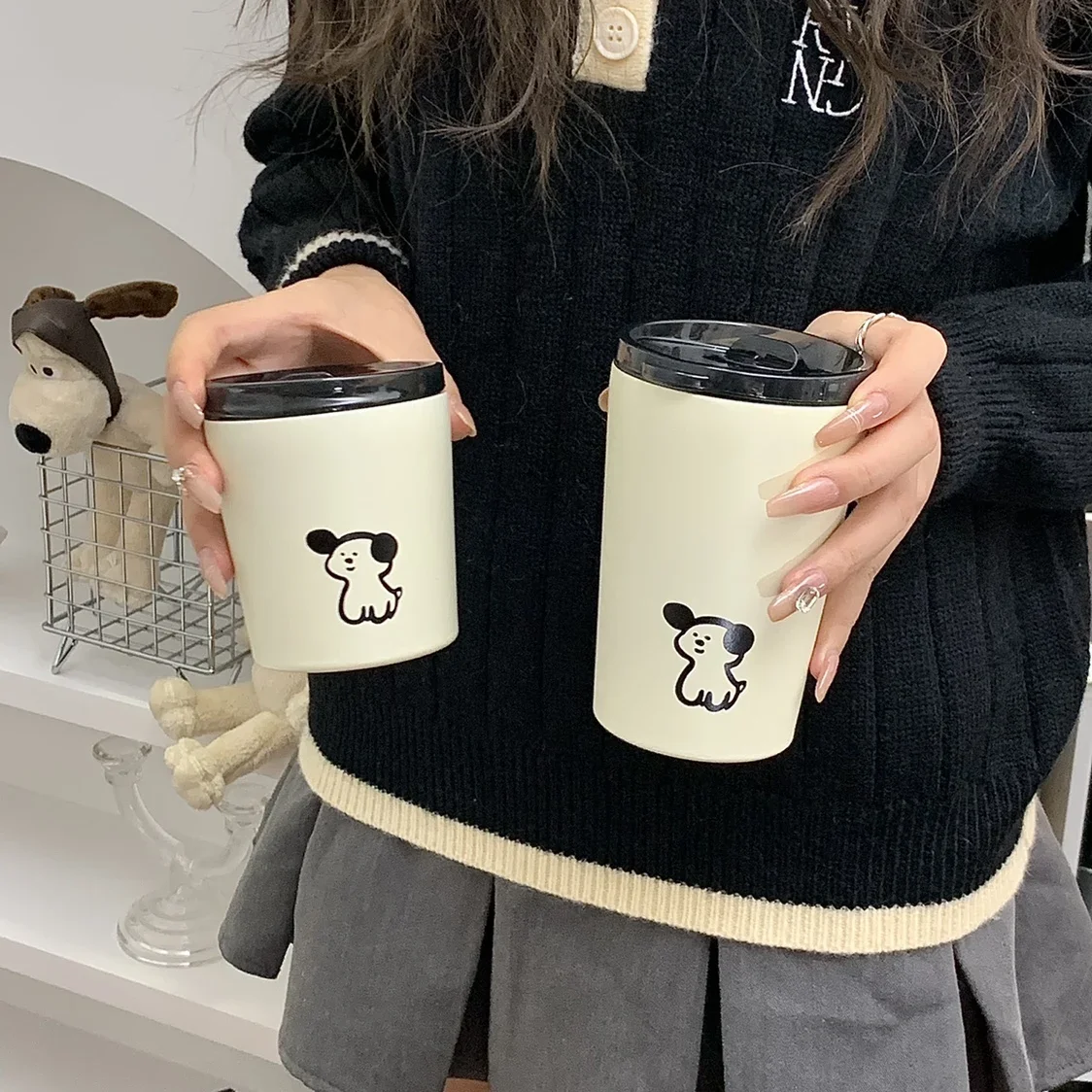 

240/360ml Korean Style Cute Dog Stainless Steel Cup Couple Portable Coffee Cup Girl Water Cup Souvenir Thermos Water Bottle