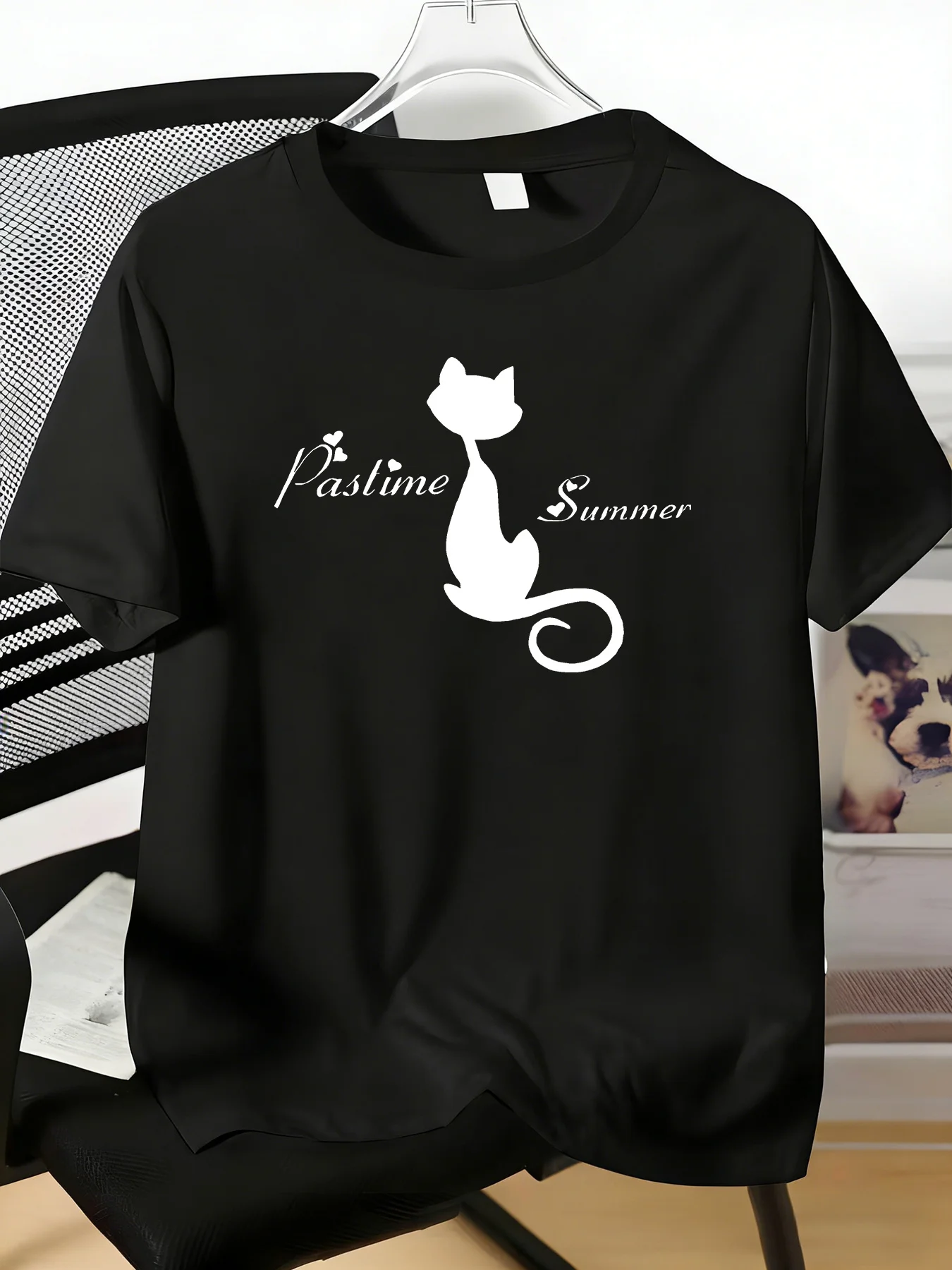 Male Navy Crew Neck Tee Elegant Cat Silhouette Pastime Summer Heart Letter Soft Short Sleeve Casual Top For Gentle Male Buyers