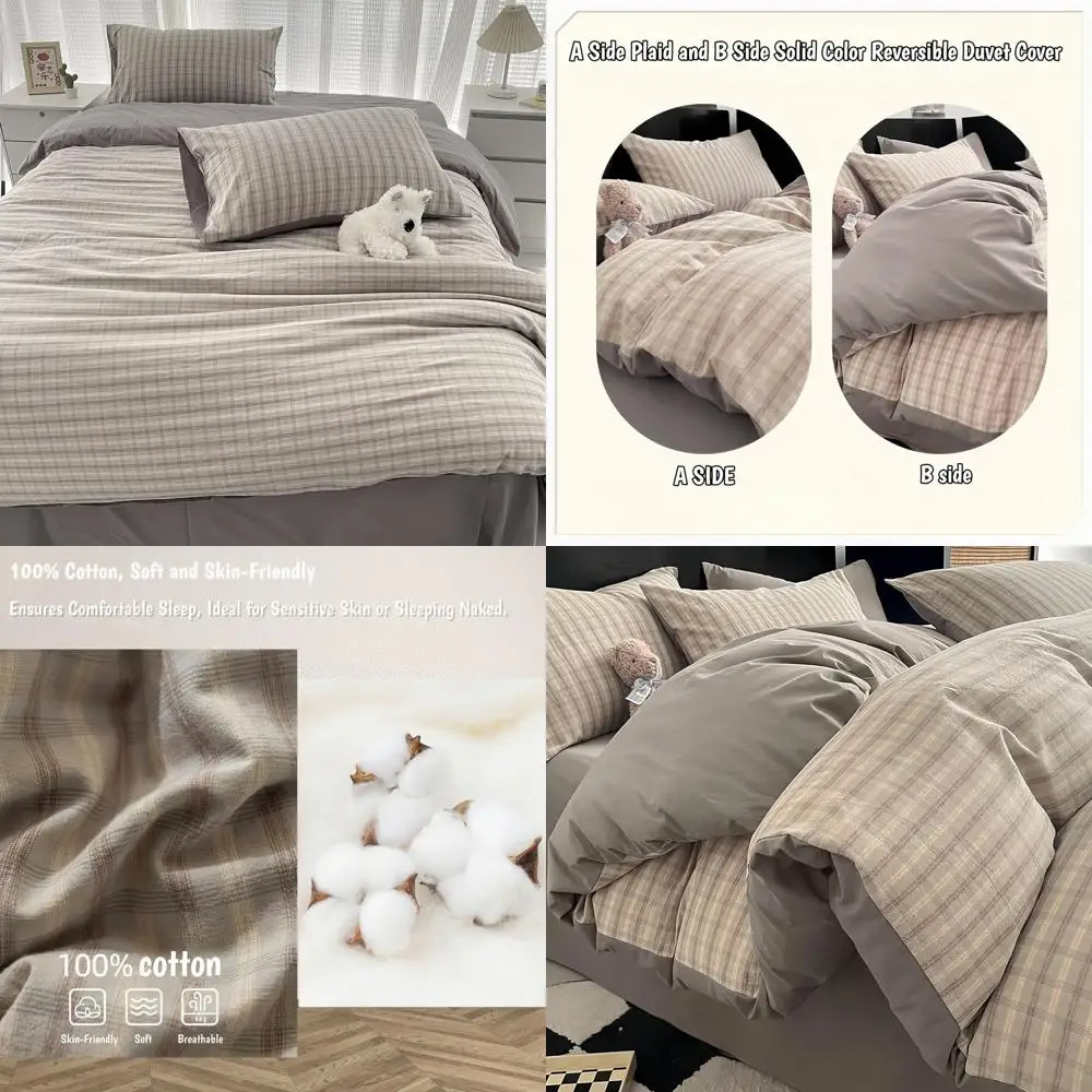 

Queen Size Plaid Cotton Duvet Cover Set with Zippered Closure - 100% Cotton, Includes 1 Duvet Cover, 1 Fitted Sheet, 2 Pillowcas
