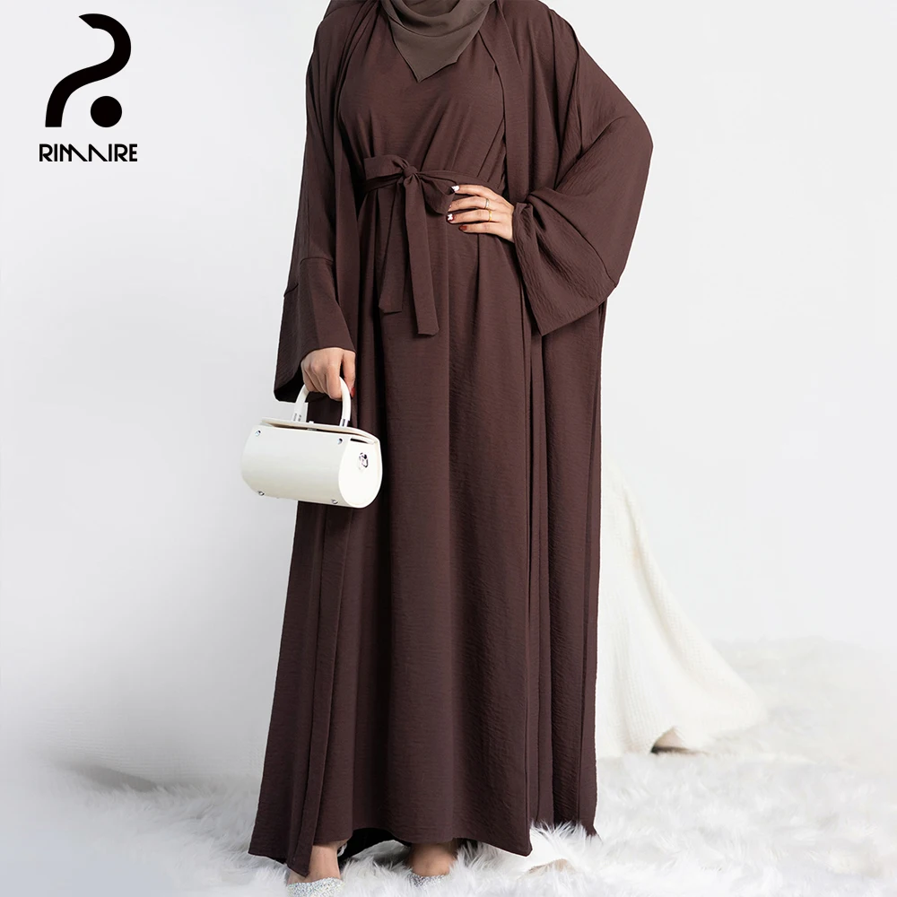 Classic Solid Muslim Abayas Dresses Sets Luxury Slim Breathable Long Sleeves Abayas Ladies Party Gift Clothing Wholesale RIMAIRE