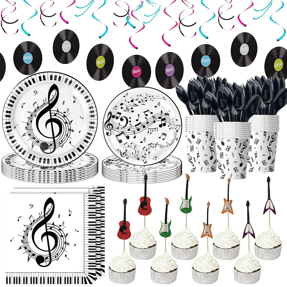 Partydekorationen mit Musikmotiv, Geschirr, 17,8 cm, Musiknoten, Pappteller, Tassen, Servietten, Musiknoten, Partyzubehör, Geburtstagsdekorationen