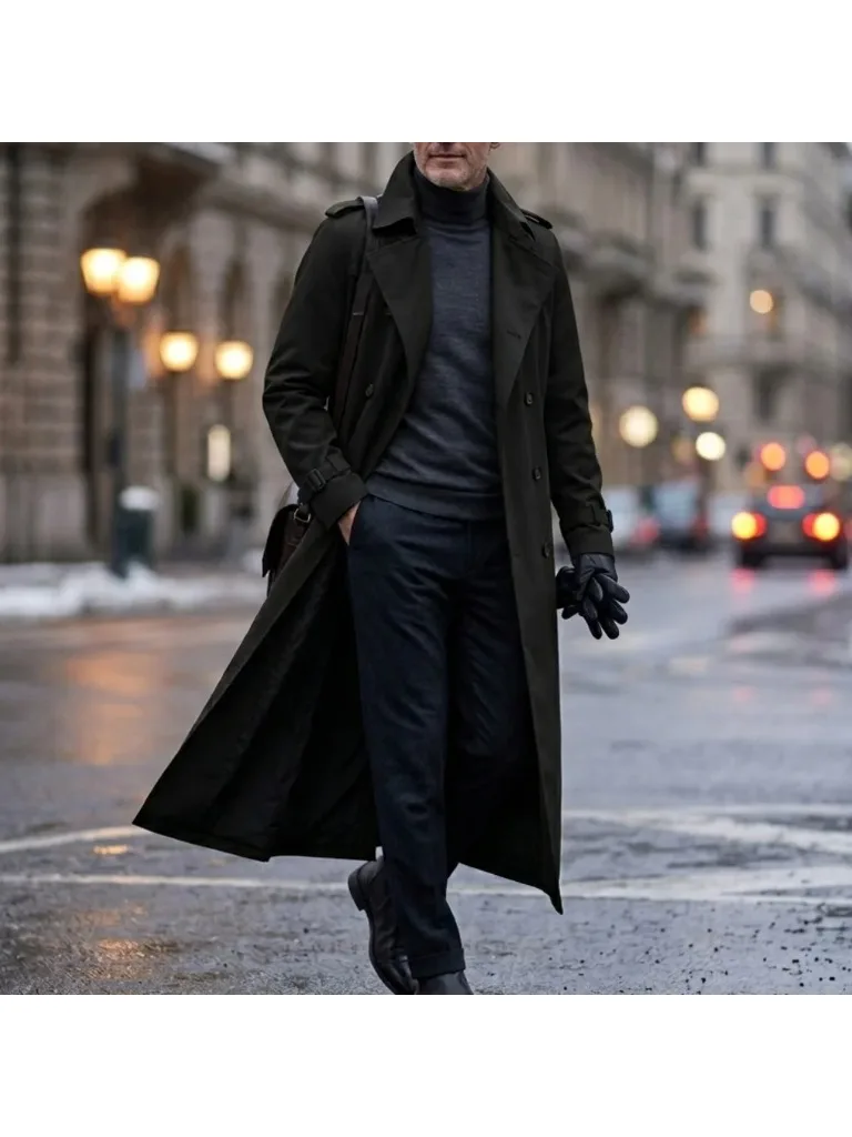 Neuer Herren-Trenchcoat für den Herbst - Extralanger Windbreaker mit Doppelreiher und Gürtel |   Dünne & Lockere Streetwear Casual Lange Jacken für Herren