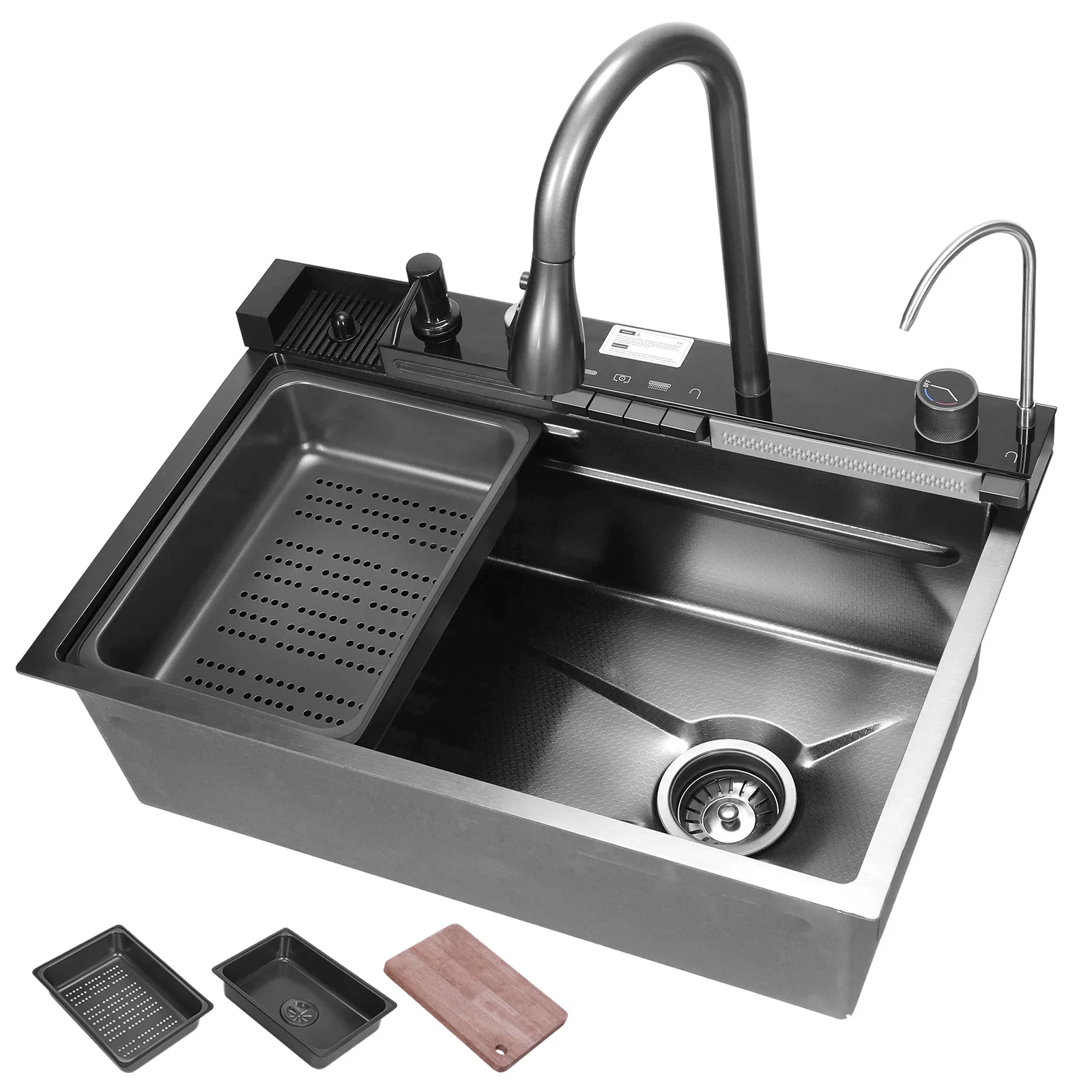 

Integrated Workstation Sink with Drain Basket Honeycomb Workstation Sink with Pull-Out Swivel Faucet With Pressurized Cup Washer