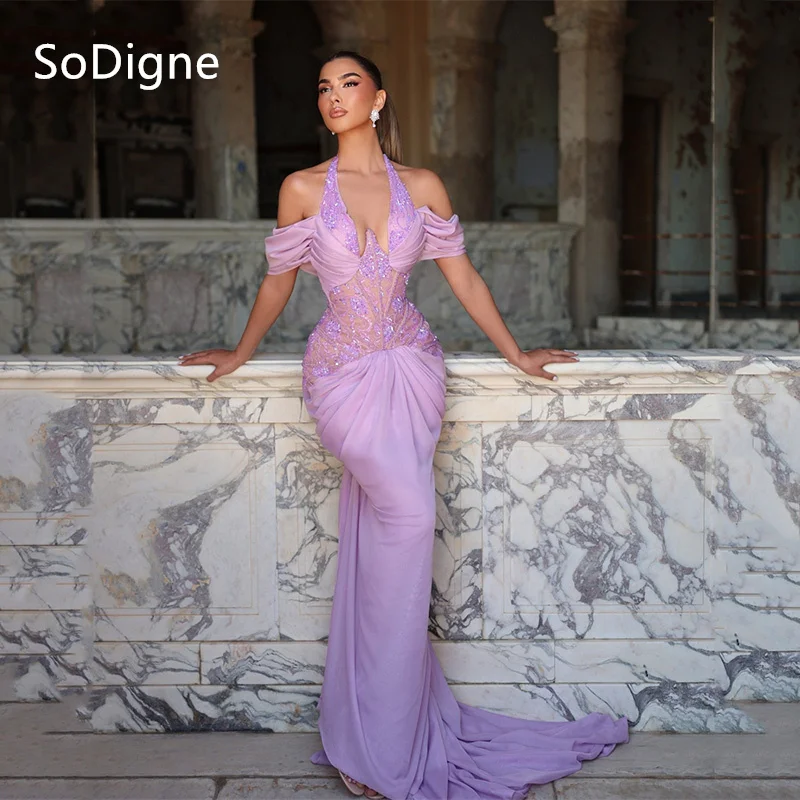 

SoDigne Dusk Sexy Prom Dresses Mermaid Floor-Length Halter Off-Shoulder Draped Party Dress Charming Cocktail Gowns Customized