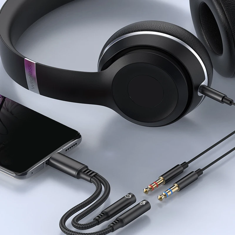 كابل محول Phone15 16 متوافق 2 في 1 USB C إلى Dual 3.5 ملم لسماعات الرأس DAC