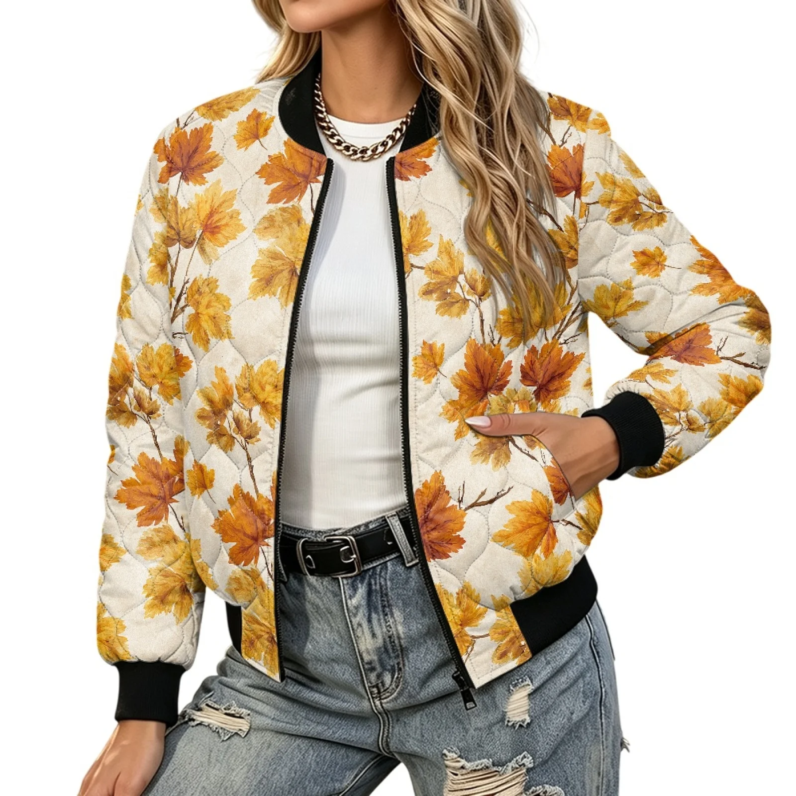 PENSTROLL Maple Leaf Women Rib Cuff Long Sleeve Quilted Padded Jacket Water-Resistant Warm Coat for Fall