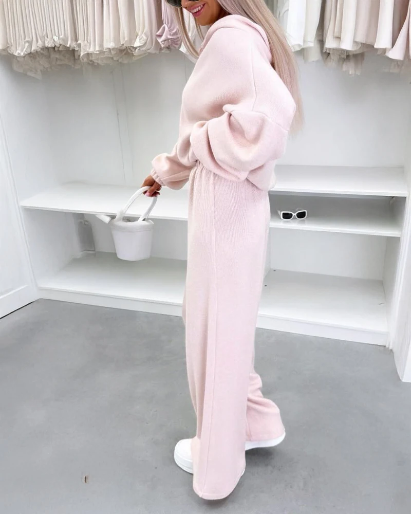 

Korean Style Pink 2-Piece Outfit Set with Zipper Hooded Sweatshirt And Elastic Wide Leg Pants Casual Sporty Look Loose Fit