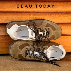 BEAUTODAY Suede Sneakers Women Cow Leather Patchwork Flats Lace-up Round Toe Ladies Training Shoes Handmade 29894