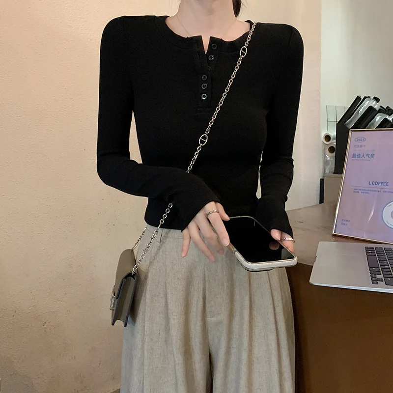 T-shirts met lange mouwen Katoen Dames Lente Gelaagde plooi Overzicht Ronde hals Ruche Student Uniform Delicaat Veelzijdig Vrouwelijk OL