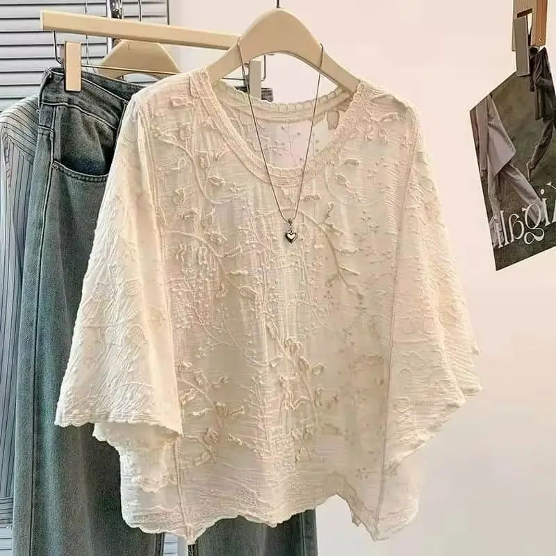 Crochet T-shirts for Women O-neck Sunscreen Lace Semi-sheer Fabric Tops Oversized Casual Korean Style Smock 2026 Summer Clothes