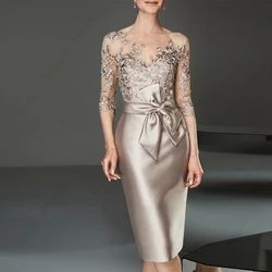 Robe fourreau trois quarts Champagne pour mère De la mariée, en Satin, sans bretelles, avec ceinture, pour soirée De mariage, été, 2023