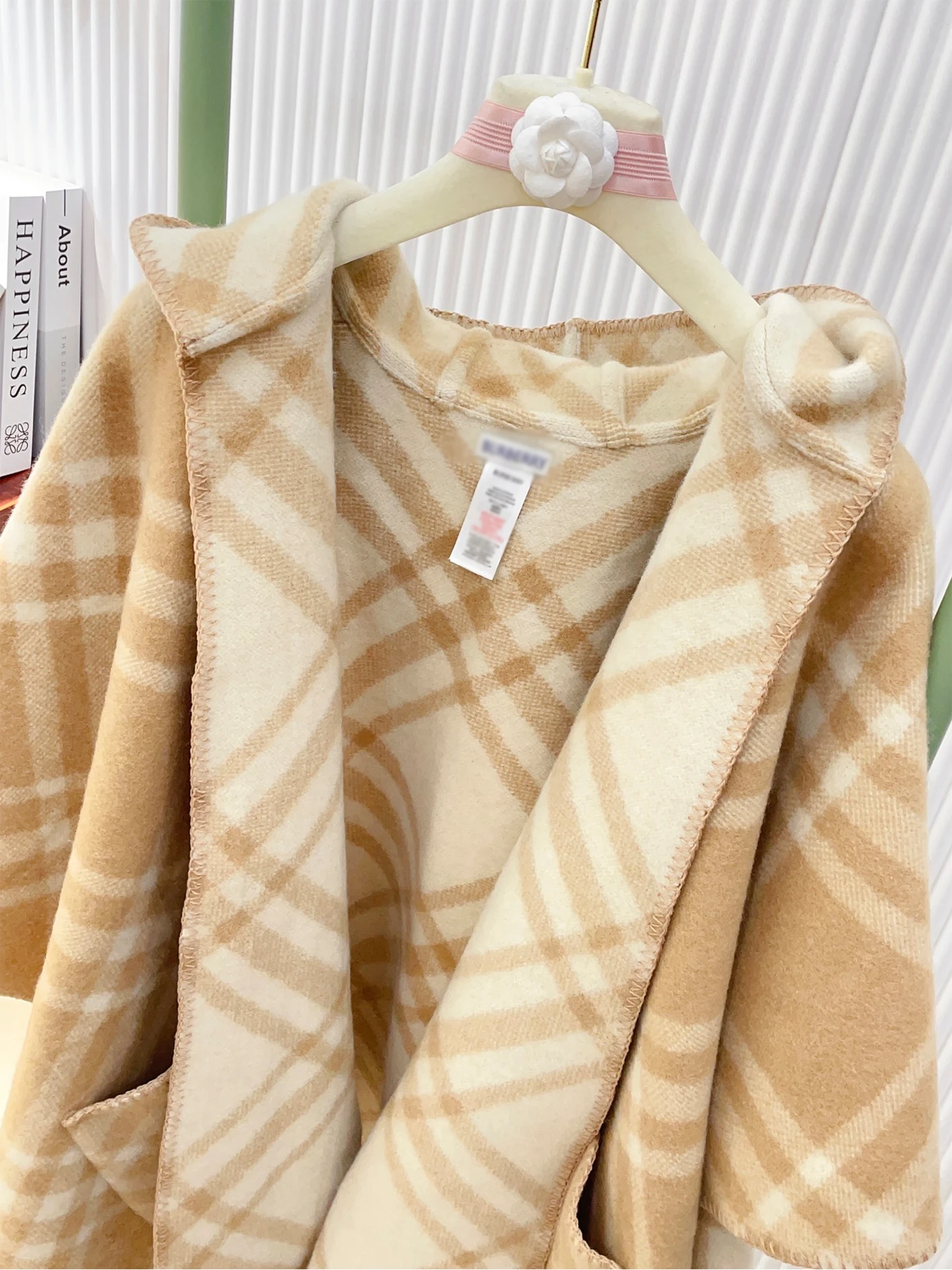 

Reversible Check Wool Cape, Hooded cape, Wool woven, Women's luxury, Winter warm scarf, Sand, New Year gift, Side patch pockets