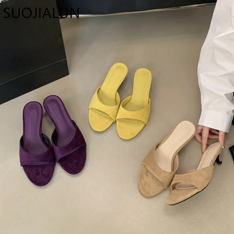 

SUOJIALUN 2025 Summer New Brand Women Slipper Fashion Shallow Slip On Slides Thin Low Heel Outdoor Dress Casual Sandal Shoes