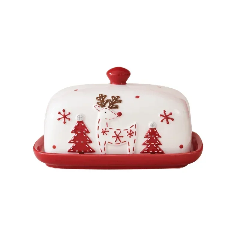 Christmas Elk Santa Claus Pattern  Butter Dish with Lid Nordic Style Sweets Cakes Desserts Cheese Plate Butter Container Dishes