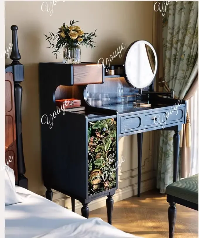 XX Französische Retro-Kommode für kleine Wohnung, Hauptschlafzimmer, schwarze Massivholz-Kommode, mittelalterliche Aufbewahrung, Schminktisch