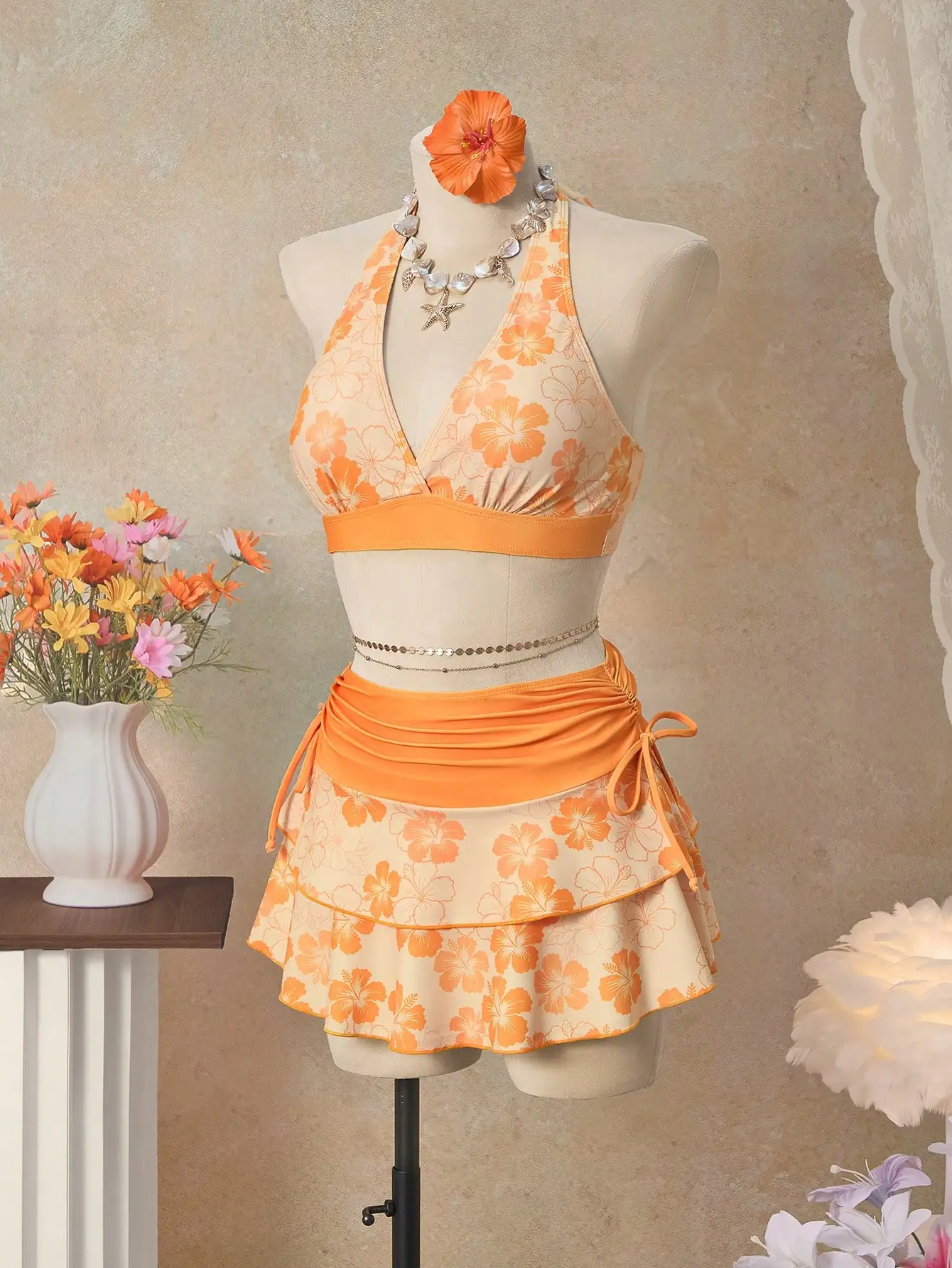 

Orange Floral Halter Triangle Top Skirt Bikini 3-Piece Set Women Beach Vacation Swimwear