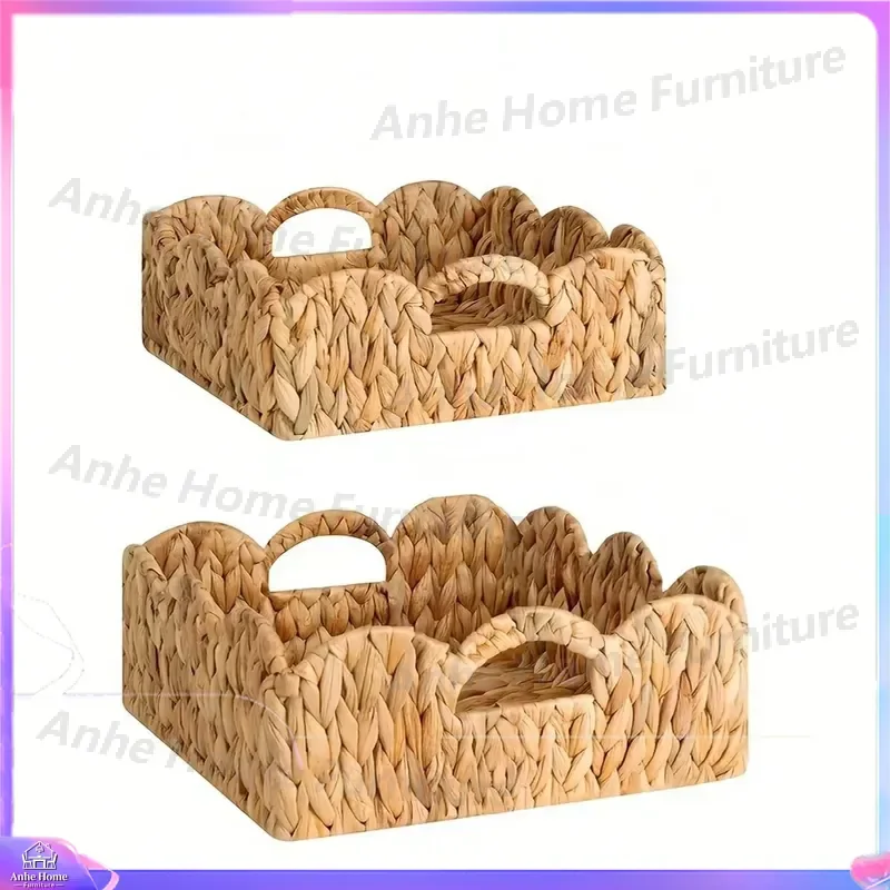 3pcs Water Hyacinth Storage Basket Set Hand Woven Rectangular Fan Shape Box with Curved Handle Home Decor Organizer Shelf Bin