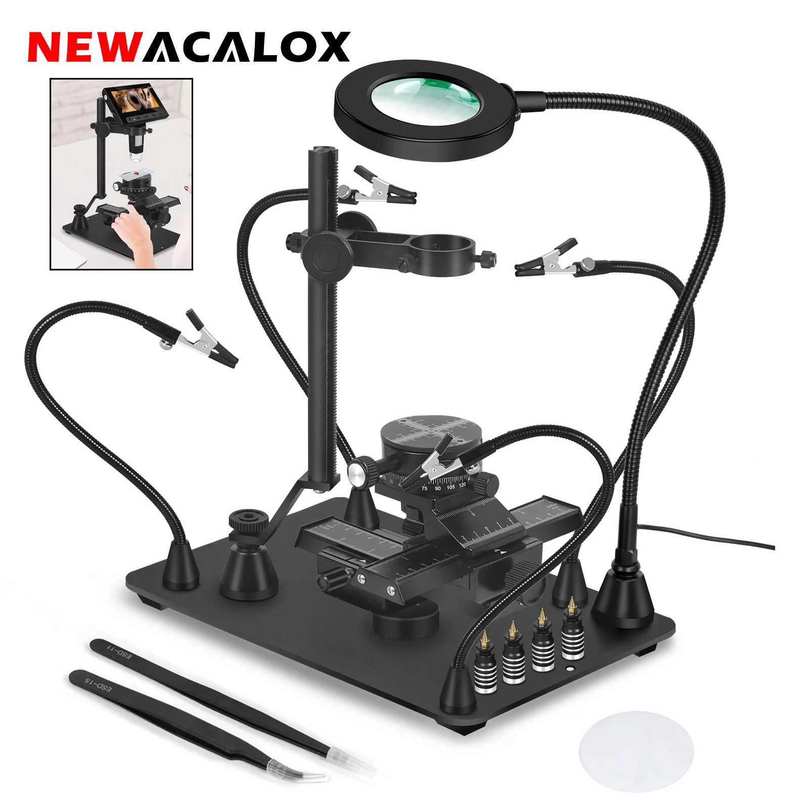 NEWACALOX Magnetic Macro Microscope Workbench with 4-Way Macro Focusing Focus Rail Slider Microscope Base Soldering Third Hand