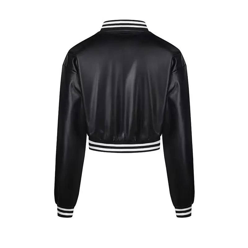 2025 new leisure leather jacket Spring and autumn long sleeve coat women fashion leather motorcycle wear baseball wear PU jacket