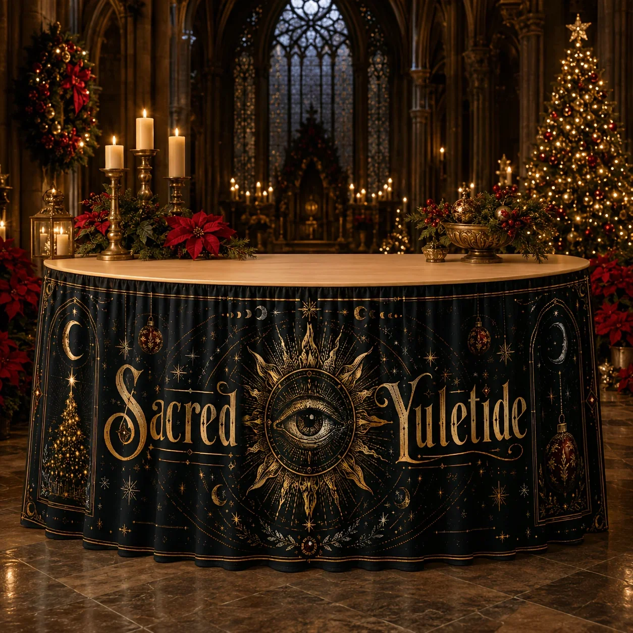 Christmas sacred table skirt. One-piece printed polyester. Suitable for birthdays, weddings, Halloween and Thanksgiving.xzj