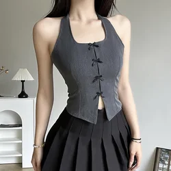 Grunge y2k Grey Sleeveless Slim Split Vest Women Bow Stitched Halter Tank Top Chic Fashion Crop Tops 90s Vintage Clothes