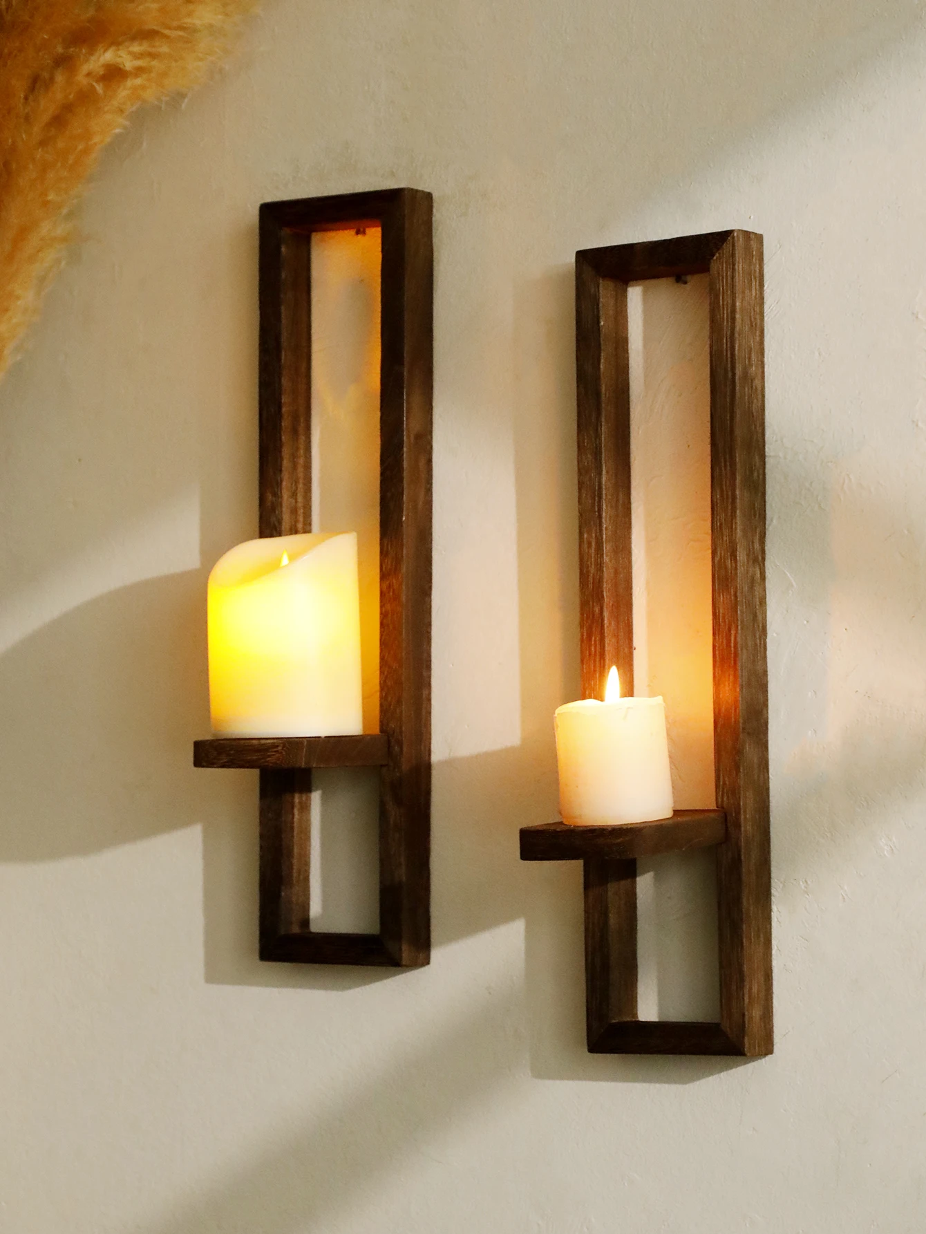 Wooden Candle Holders Charcoal Colored Wall Shelves Vertical Frame Decor Sconces Floating Shelf for Living Room, Bedroom & Party
