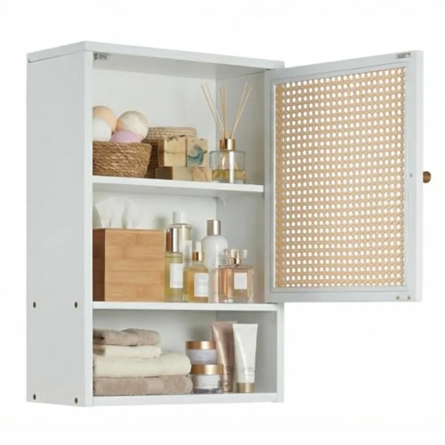 

Farmhouse Rattan Wall Cabinet for Bathroom, 3-Tier Wood Storage with Woven Doors and Magnetic Catch, 16x8x24 Inch Over-The-Toil